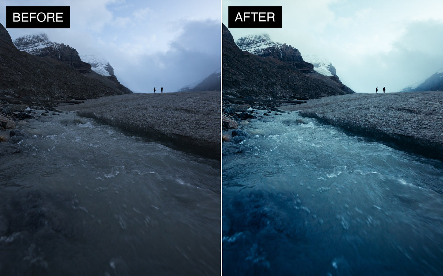 Before and after - glacier scene edited with Omer Shabtay presets