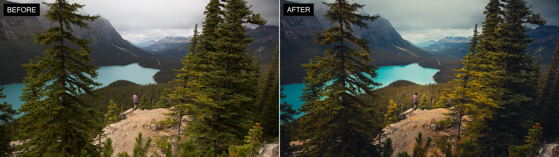Before and after - mountain lake edited with Omer Shabtay presets